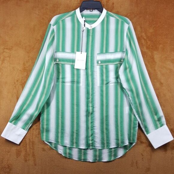WALES BONNER Shirt Mens Size 46 Green Stripe Button Up CADENCE SILK SHIRT $595 - Picture 2 of 9